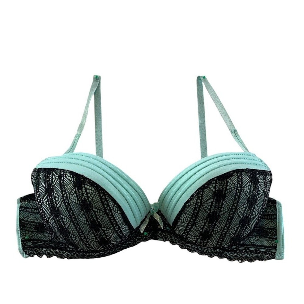Jezebel Push Up Bra 36C Mint Green Black Lace Coquette Pleated Romantic Lingerie